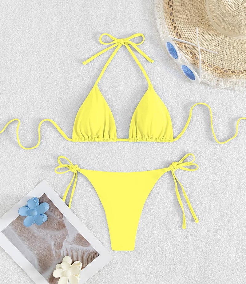 Tainehs Women's Sexy Halter Thong Bikini Tie Two Sides Bottom Triangle Bikini Swimsuits Yellow - Image 5